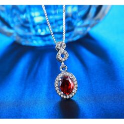 Kalung Emas Putih Pendant Batu Merah Oval Berlian Imitasi Wanita BN030
